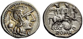 THE ROMAN REPUBLIC 
 T. Quinctius Flamininus. Denarius 126, AR 3.85 g. Helmeted head of Roma r.; behind, apex and before, Û. Rev. The Dioscuri gallop...