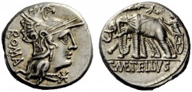 THE ROMAN REPUBLIC 
 C. Caecilius Metellus Caprarius. Denarius 125, AR 3.97 g. Head of Roma r., wearing Phrygian helmet; below chin, Û and behind, RO...
