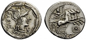 THE ROMAN REPUBLIC 
 Mn. Acilius Balbus. Denarius 125, AR 3.93 g. Helmeted head of Roma r.; behind, BALBVS, below, ROMA and before, Û. All within lau...