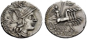 THE ROMAN REPUBLIC 
 M. Tullius. Denarius 121, AR 3.93 g. Helmeted head of Roma r.; behind, ROMA. Rev. Victory in prancing quadriga r., holding palm ...