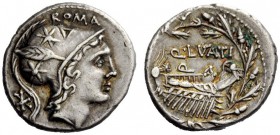 THE ROMAN REPUBLIC 
 Q. Lutatio Cerco. Denarius 109 or 108, AR 3.94 g. Head of Roma r., wearing helmet decorated with stars; behind, Ú. Above, ROMA a...