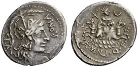 THE ROMAN REPUBLIC 
 Denarius 118-107, AR 3.89 g. SER – ROMA Helmeted head of Roma r., bowl decorated with plumes. Rev. Facing quadriga of Sol over w...