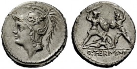 THE ROMAN REPUBLIC 
 Q. Minucius M.f. Ter. Denarius 103, AR 3.93 g. Helmeted head of Mars l. Rev. Roman soldier fighting enemy in protection of falle...