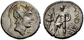 THE ROMAN REPUBLIC 
 C. Publicius Malleolus, A. Postumius Sp. f. Albinus and L. Metellus. Denarius 96 (?), AR 3.99 g. Helmeted head of Mars r.; above...