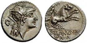 THE ROMAN REPUBLIC 
 D. Iunius Silanus L.f. Denarius 91, AR 3.95 g. Helmeted head of Roma r.; behind C. Rev. Victory in biga r., holding palm branch ...