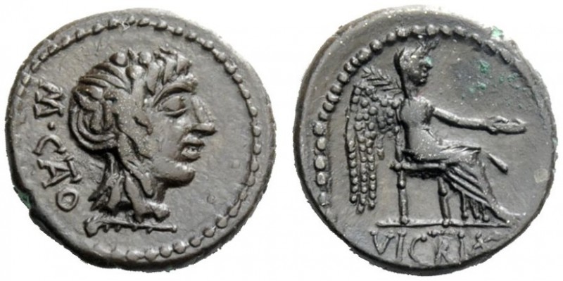 THE ROMAN REPUBLIC 
 M. Cato . Quinarius 89, AR 2.19 g. M·CATO Ivy-wreathed hea...