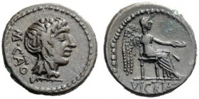 THE ROMAN REPUBLIC 
 M. Cato . Quinarius 89, AR 2.19 g. M·CATO Ivy-wreathed head of Liber r.; below, F. Rev. Victory seated r., holding patera in r. ...