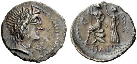 THE ROMAN REPUBLIC 
 The Bellum Sociale. Denarius, Corfinium circa 89, AR 3.67 g. Laureate head of Italia r.; before, X. Rev. Italia seated l. on pil...