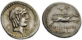 THE ROMAN REPUBLIC 
 L. Piso Frugi. Denarius 90, AR 3.94 g. Laureate head of Apollo r.; behind, anchor and below chin, F. Dotted border. Rev. Horsema...