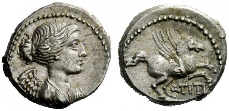 THE ROMAN REPUBLIC 
 Q. Titius. Quinarius 90, AR 2.18 g. Draped bust of Victory...