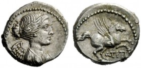 THE ROMAN REPUBLIC 
 Q. Titius. Quinarius 90, AR 2.18 g. Draped bust of Victory r. Rev. Pegasus prancing r.; below, Q·TITI. Babelon Titia 3. Sydenham...
