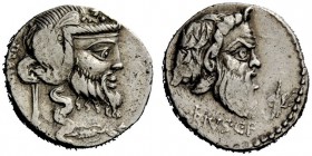 THE ROMAN REPUBLIC 
 C. Vibius C.f. Pansa. Denarius 90, AR 4.01 g. PANSA Mask of bearded Silenus r. Rev. [C·VI]BIVS·C·F Mask of bearded Pan r.; befor...