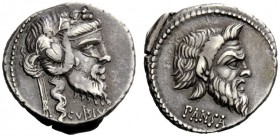 THE ROMAN REPUBLIC 
 C. Vibius C.f. Pansa. Denarius 90, AR 3.87 g. PANSA Mask of Pan r. Rev. C·VIBIV[S·C·F] Mask of bearded Silenus r. Babelon Vibia ...
