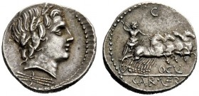 THE ROMAN REPUBLIC 
 Gar, Ogul, Ver. Denarius 86, AR 3.99 g. Head of Apollo r., wearing oak wreath; below, thunderbolt. Rev. Jupiter in prancing quad...