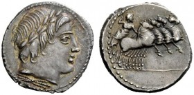 THE ROMAN REPUBLIC 
 Gar, Ogul, Ver. Denarius 86, AR 3.82 g. Laureate head of Apollo r.; below neck truncation, thunderbolt. Rev. Jupiter in fast qua...