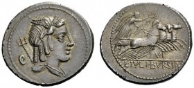 THE ROMAN REPUBLIC 
 L. Iulius Bursio. Denarius 85, AR 3.89 g. Male head r., with the attributes of Apollo, Mercury and Neptune; behind, bird perched...