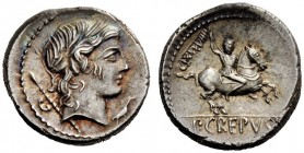 THE ROMAN REPUBLIC 
 P. Crepusius. Denarius 82, AR 3.78 g. Laureate head of Apollo r., sceptre on far shoulder; below chin, poppy head with stalk; be...