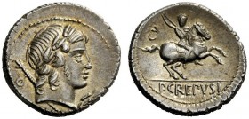 THE ROMAN REPUBLIC 
 P. Crepusius. Denarius 82, AR 3.90 g. Laureate head of Apollo r., sceptre on far shoulder; below chin, poppy head with stalk. Re...