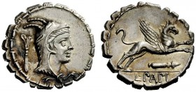 THE ROMAN REPUBLIC 
 L. Papius. Denarius serratus 79, AR 3.91 g. Head of Juno Sospita r.; behind, symbol. Rev. Gryphon leaping r.; below, symbol. In ...
