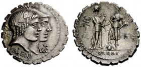THE ROMAN REPUBLIC 
 Q. Fufius Calenus and Mucius Cordus. Denarius serratus 70, AR 3.96 g. Jugate heads of Honos and Virtus r.; in l. field, HO and i...