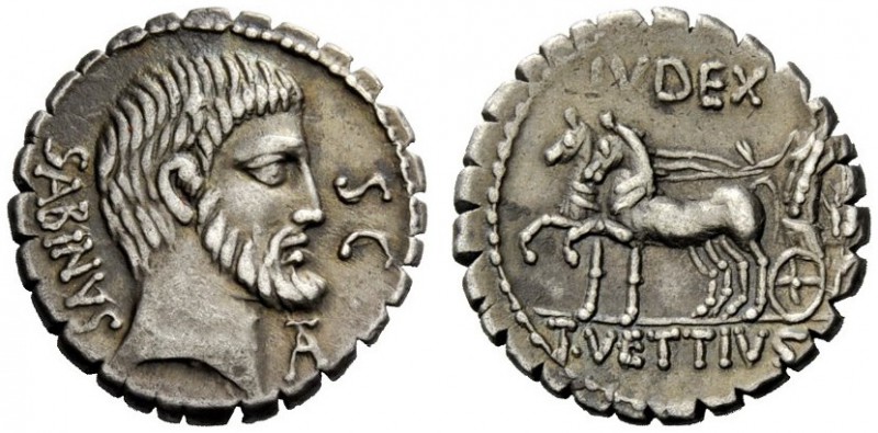 THE ROMAN REPUBLIC 
 T. Vettius Sabinus. Denarius serratus 70, AR 3.87 g. Beard...