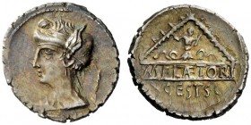 THE ROMAN REPUBLIC 
 M. Plaetorius M.f. Cestianus. Denarius 69, AR 3.90 g. Draped female bust l., wearing winged diadem; behind, control mark. Rev. A...