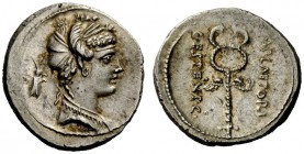 THE ROMAN REPUBLIC 
 M. Plaetorius M.f. Cestianus. Denarius 69. AR 3.99 g. Draped female bust r., hair decorated with poppy-heads; behind, cricket (?...