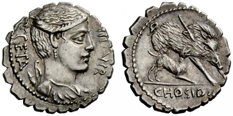 THE ROMAN REPUBLIC 
 C. Hosidius C.f. Geta. Denarius serratus 68, AR 3.87 g. GE...