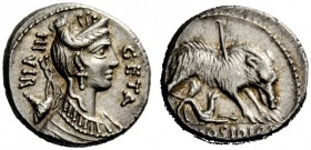 THE ROMAN REPUBLIC 
 C. Hosidius C.f. Geta. Denarius 68, AR 4.09 g. III·VIR – GETA Diademed and draped bust of Diana r., with bow and quiver over sho...
