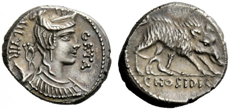 THE ROMAN REPUBLIC 
 C. Hosidius C.f. Geta. Denarius 68, AR 3.76 g. III·VIR – G...