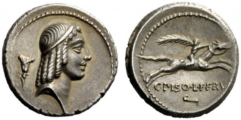 THE ROMAN REPUBLIC 
 C. Calpurnius L.f. Frugi. Denarius 67, AR 4.13 g. Laureate...