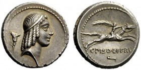 THE ROMAN REPUBLIC 
 C. Calpurnius L.f. Frugi. Denarius 67, AR 4.13 g. Laureate head of Apollo r.; behind, flower. Rev. Horseman galloping r., holdin...