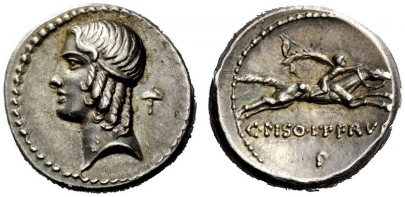 THE ROMAN REPUBLIC 
 C. Calpurnius L.f. Frugi. Denarius 67, AR 4.01 g. Head of ...