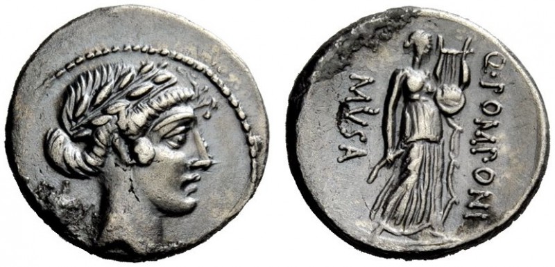 THE ROMAN REPUBLIC 
 Q. Pomponius Musa. Denarius 66, AR 3.71 g. Laureate head o...