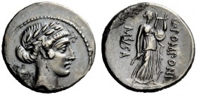 THE ROMAN REPUBLIC 
 Q. Pomponius Musa. Denarius 66, AR 3.71 g. Laureate head of Apollo r.; behind, turtle. Rev. Q·POMPONI – MVSA Terpsichore standin...
