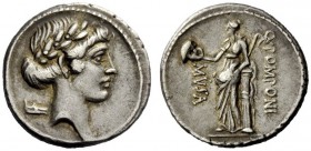 THE ROMAN REPUBLIC 
 Q. Pomponius Musa. Denarius 66, AR 3.92 g. Laureate head of Apollo r.; behind, sandal. Rev. Q·POMPONI – MVSA Talia standing l. a...