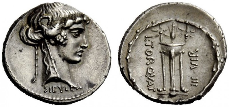 THE ROMAN REPUBLIC 
 L. Manlius Torquatus . Denarius 65, AR 3.93 g. Ivy-wreathe...