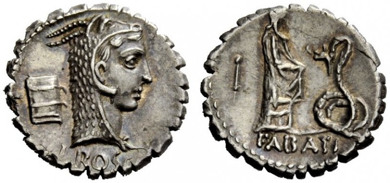 THE ROMAN REPUBLIC 
 L. Roscius Fabatus. Denarius serratus 64, AR 3.97 g. Head ...