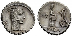 THE ROMAN REPUBLIC 
 L. Roscius Fabatus. Denarius serratus 64, AR 3.90 g. Head of Juno Sospita r.; behind, uncertain symbol and below neck truncation...