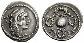 THE ROMAN REPUBLIC 
 Faustus Cornelius Sulla. Denarius 56, AR 4.02 g. Head of Hercules r., wearing lion’s skin; behind, S·C. Rev. Globe surrounded by...