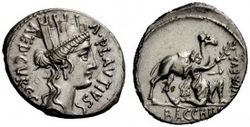 THE ROMAN REPUBLIC 
 A. Plautius. Denarius 55, AR 3.90 g. A·PLAVTIVS – AED·CVR·S·C Head of Cybeles r. Rev. IVDAEVS Male figure kneeling r. and extend...