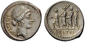 THE ROMAN REPUBLIC 
 M. Junius Brutus. Denarius 54, AR 4.02 g. LIBERTAS Head of Libertas r. Rev. The consul L. Junius Brutus walking l. between two l...