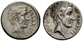 THE ROMAN REPUBLIC 
 Q. Pompeius Rufus. Denarius 54, AR 3.91 g. SVLLA·COS Head of Sulla r. Rev. Q·POM·RVFI Head of Q. Pompeius Rufus r.; behind, RVFV...