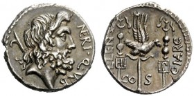 THE ROMAN REPUBLIC 
 Cn. Nerius, L. Lentulus, Claudius Marcellus. Denarius Illyria (Apollonia ?) 49, AR 3.73 g. NERI·Q·VRB Head of Saturn r., with ha...