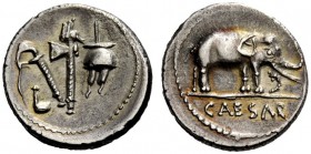 THE ROMAN REPUBLIC 
 Julius Caesar. Denarius, mint moving with Caesar 49-48, AR 3.91 g. Pontifical emblems: culullus , aspergillum , axe and apex. Re...