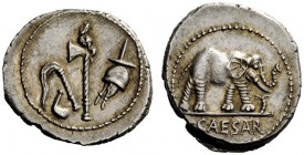 THE ROMAN REPUBLIC 
 Julius Caesar. Denarius, mint moving with Caesar 49-48, AR 3.90 g. Pontifical emblems: culullus , aspergillum , axe and apex. Re...