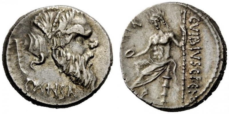 THE ROMAN REPUBLIC 
 Denarius 48, AR 3.89 g. Mask of bearded Pan r.; behind, pe...