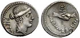 THE ROMAN REPUBLIC 
 D. Iunius Brutus Albinus. Denarius circa 48, AR 3.70 g. PIETAS Head of Pietas r. Rev. Two hands clasped round winged caduceus; b...
