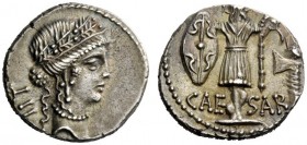 THE ROMAN REPUBLIC 
 Julius Caesar. Denarius, mint moving with Caesar 48-47, AR 3.99 g. Veiled female bust r.; behind, TII. Rev. CAE – SAR Trophy wit...