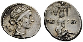 THE ROMAN REPUBLIC 
 Julius Caesar. Denarius, mint moving with Caesar 48-47, AR 4.05 g. Female head r., wearing diadem and oak wreath; behind, ^II. R...